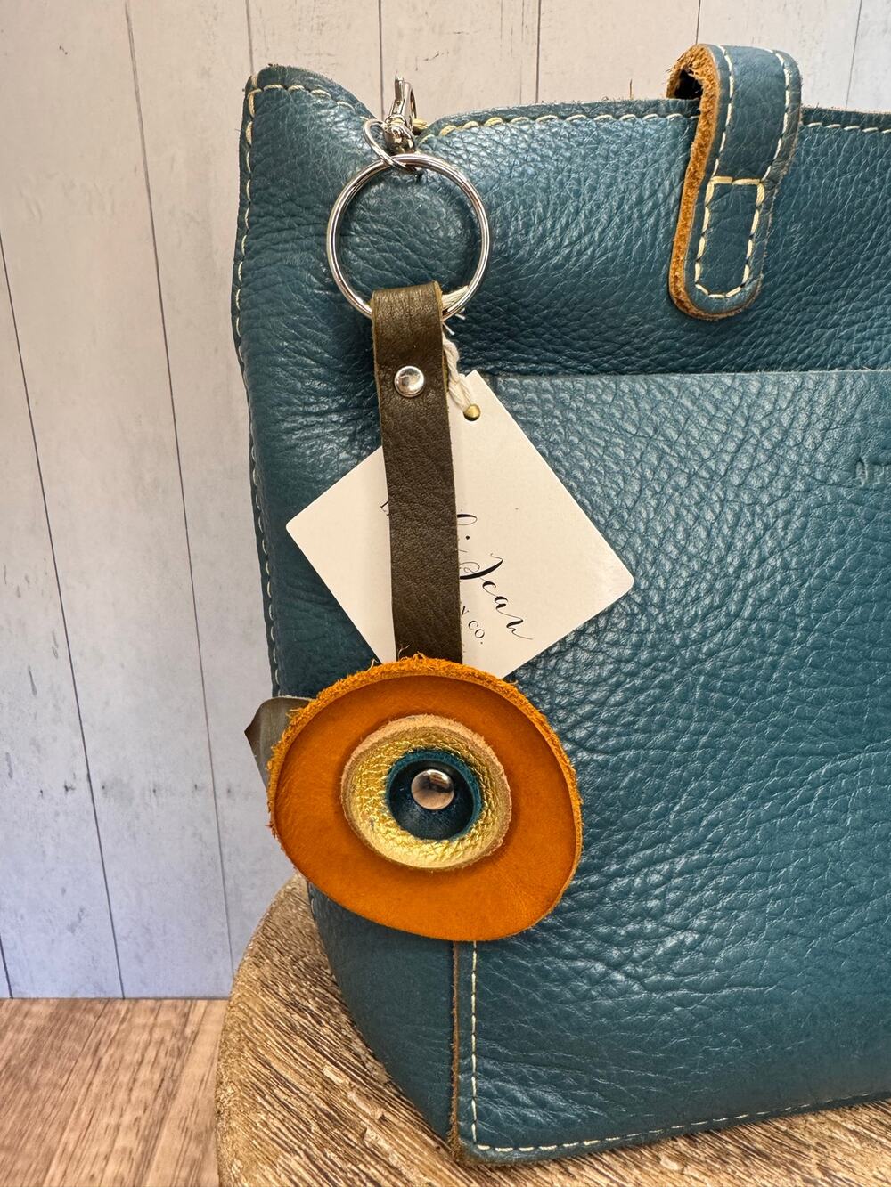 Genuine Leather Round Flower Purse Charm Brown Gold Blue Boho Bag Charm